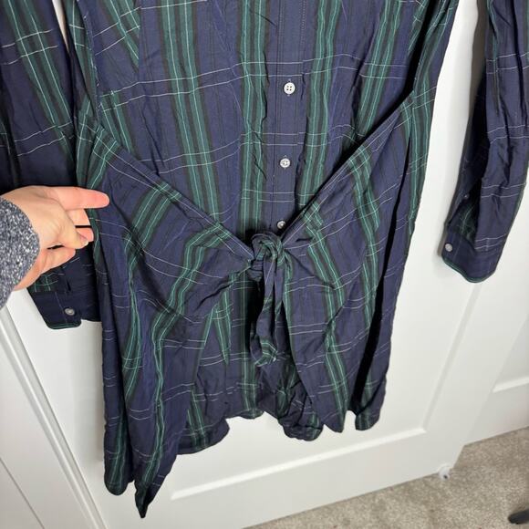 Untuckit Devon Navy Blue Plaid Print Button Down Waist Tie Shirt Dress Size 10 - Picture 4 of 7